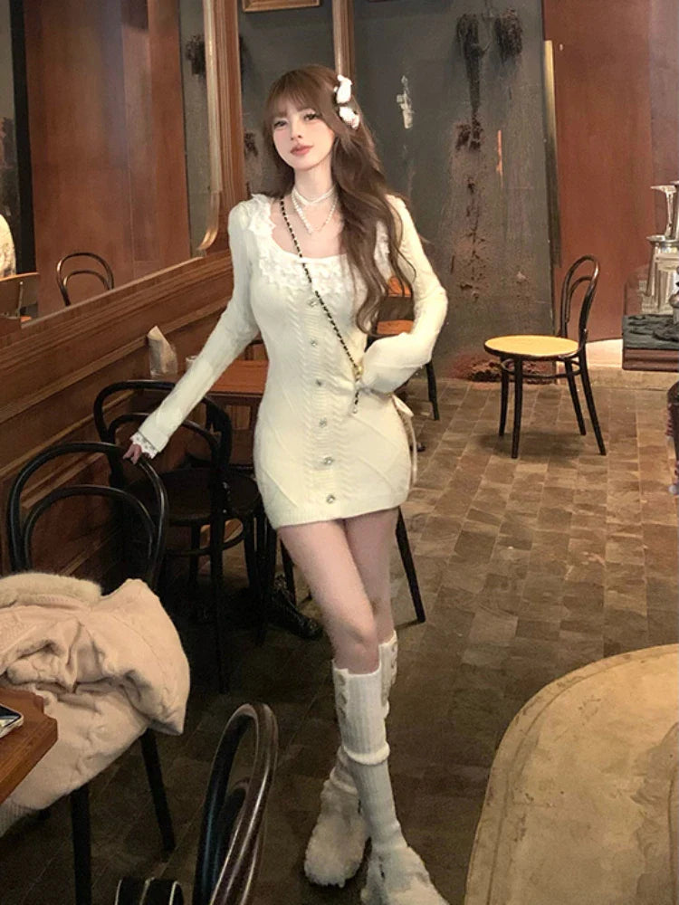 maoxiangshop Autumn Elegant Slim Knitting Lace Dress Women Sexy Bodycon Y2k Mini Dress Casual Short Party Korean Fashion Dress Design
