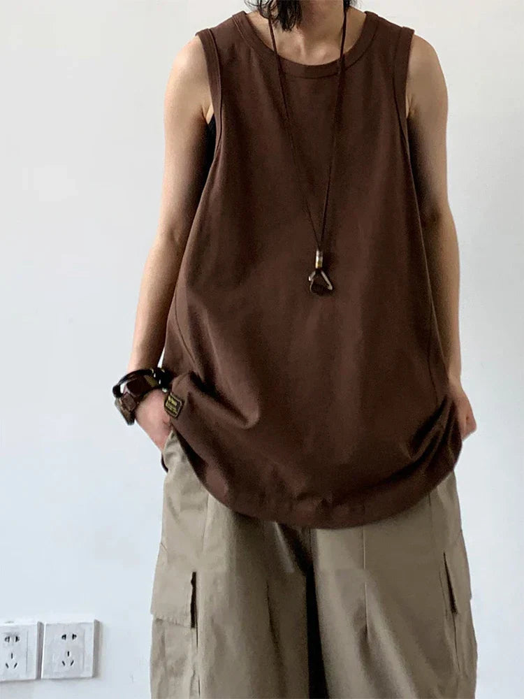 maoxiangshop Sport Men's Tank Tops Gym Hombre Sleeveless Tee Vest Men Streetwear Loose Casual Basketball Brown O-neck Cotton