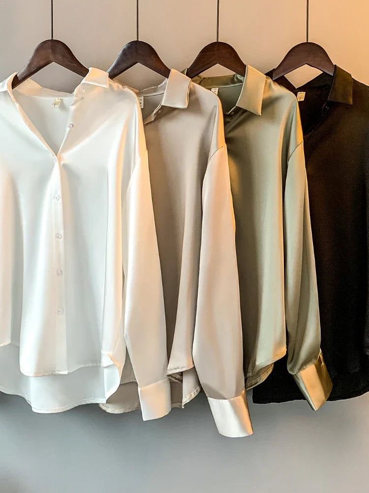 maoxiangshop Office Lady Sheer Top Long Sleeve Shirt Overshirt Satin Shirt Womens Clothing Elegant Women's Luxury Designer Blouses Korean