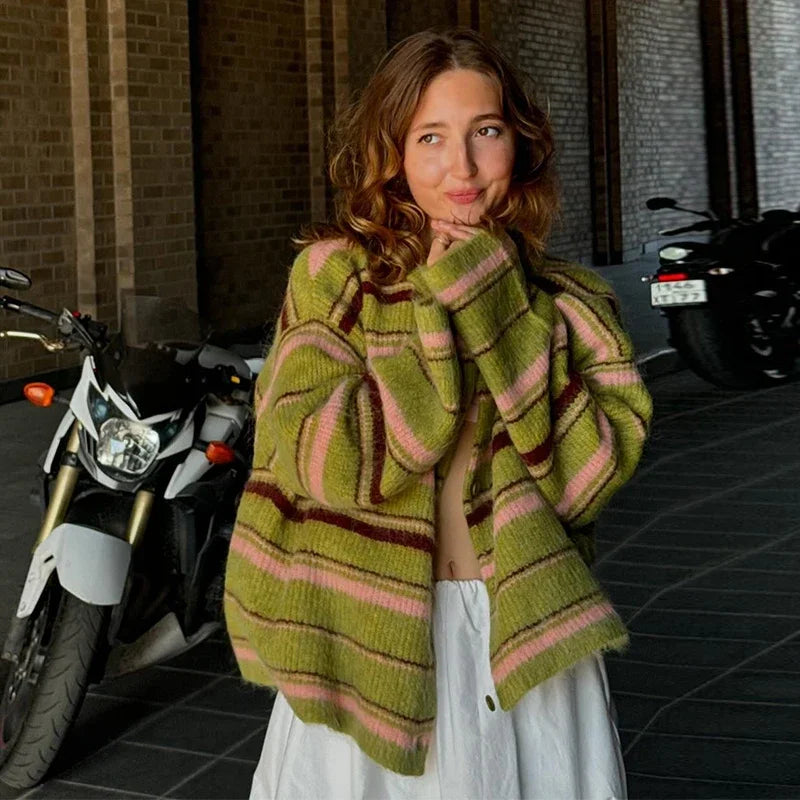 maoxiangshop - Elegant Stripe V Neck Women Sweater Single Breasted Loose Knitted Lady Cardigan 2024 Autumn Elegant Full Sleeve Female Coat