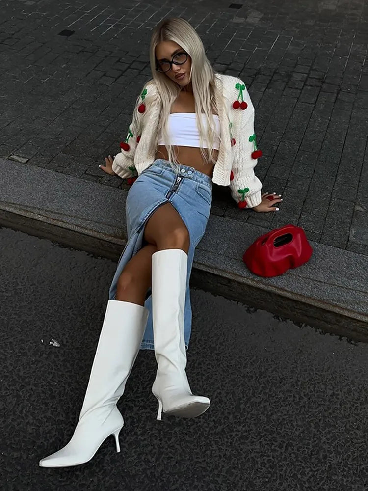 maoxiangshop - Sweet 3d Cherry Embroidery Cropped Knitted Cardigan 2024 Autumn Women Elegant Long Sleeve Short Sweater Female Chic Streetwear