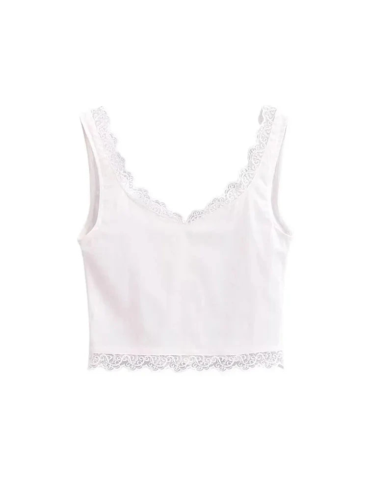 maoxiangshop - 2024 Girls Cute Bow Lace Up Elastic Slim White Vest Ladies Summer Y2k Style Lace Patchwork Ruffles Short Tops