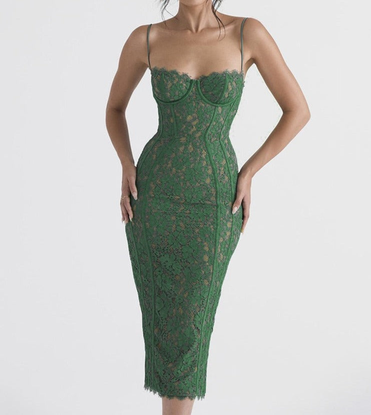 maoxiangshop Elegant Lace Spaghetti Strap Sexy Midi Dress For Women Fashion Sleeveless Backless Club Party Print Long Dress Vestido