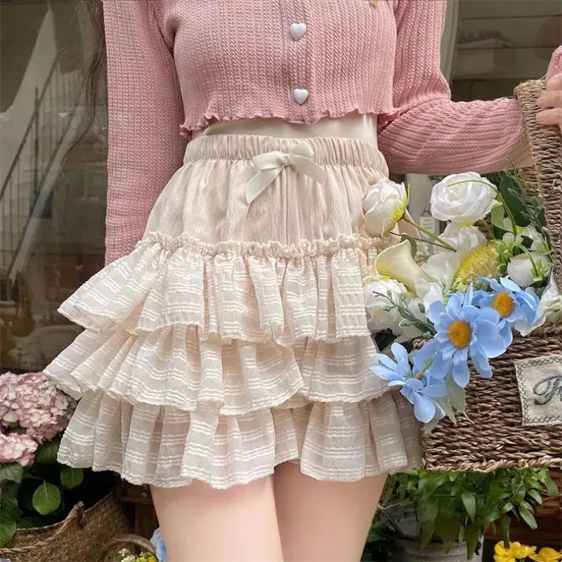 maoxiangshop Kawaii Ruffle Skirt Women Coquette Cute Lolita High Waist A-line Bow Lace Fairycore Mesh Mini Skirt Summer Mori Girl