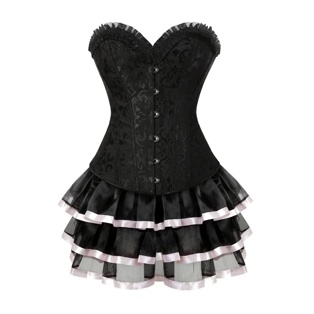 maoxiangshop - Corset Tutu Steampunk Satin Bustier Dress Burlesque Corselet Sexy Lace Up Corsage Skirt Classic Clubwear Carnival Party Costumes