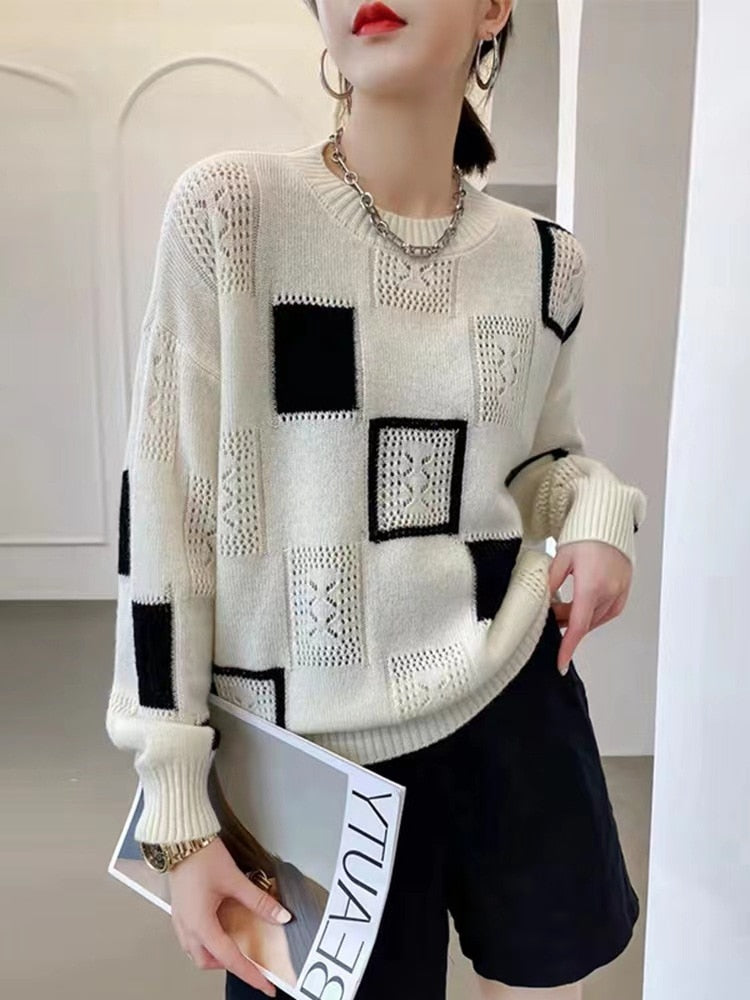 maoxiangshop Fashion Tops Women Oversized Sweater Autumn Winter New Colorblock Plaid Knitted Pullovers Round Neck Retro Warm Sweaters