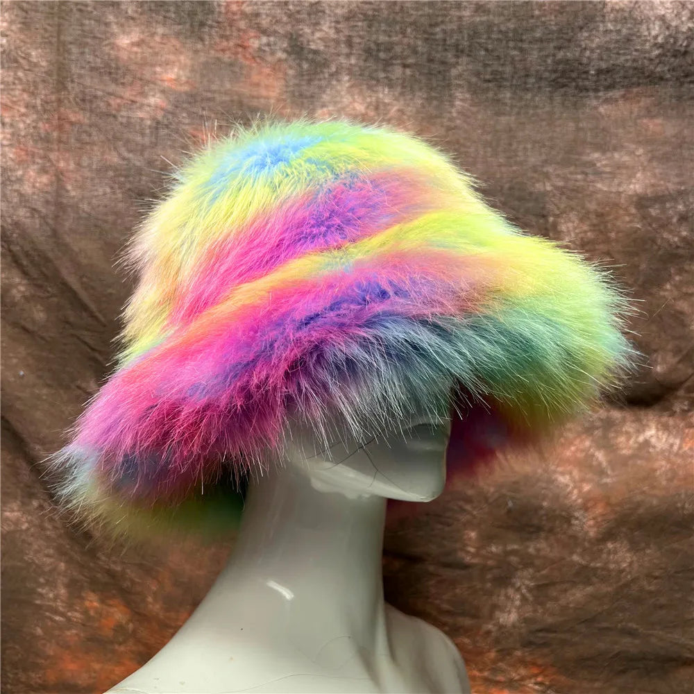 maoxiangshop - Luxury Ins Hot Y2k Girls Faux Fox Fur Bucket Hat Women Winter Warm Rabbit Fur Plush Fisherman Hat Cap Festival Party Ski Panama