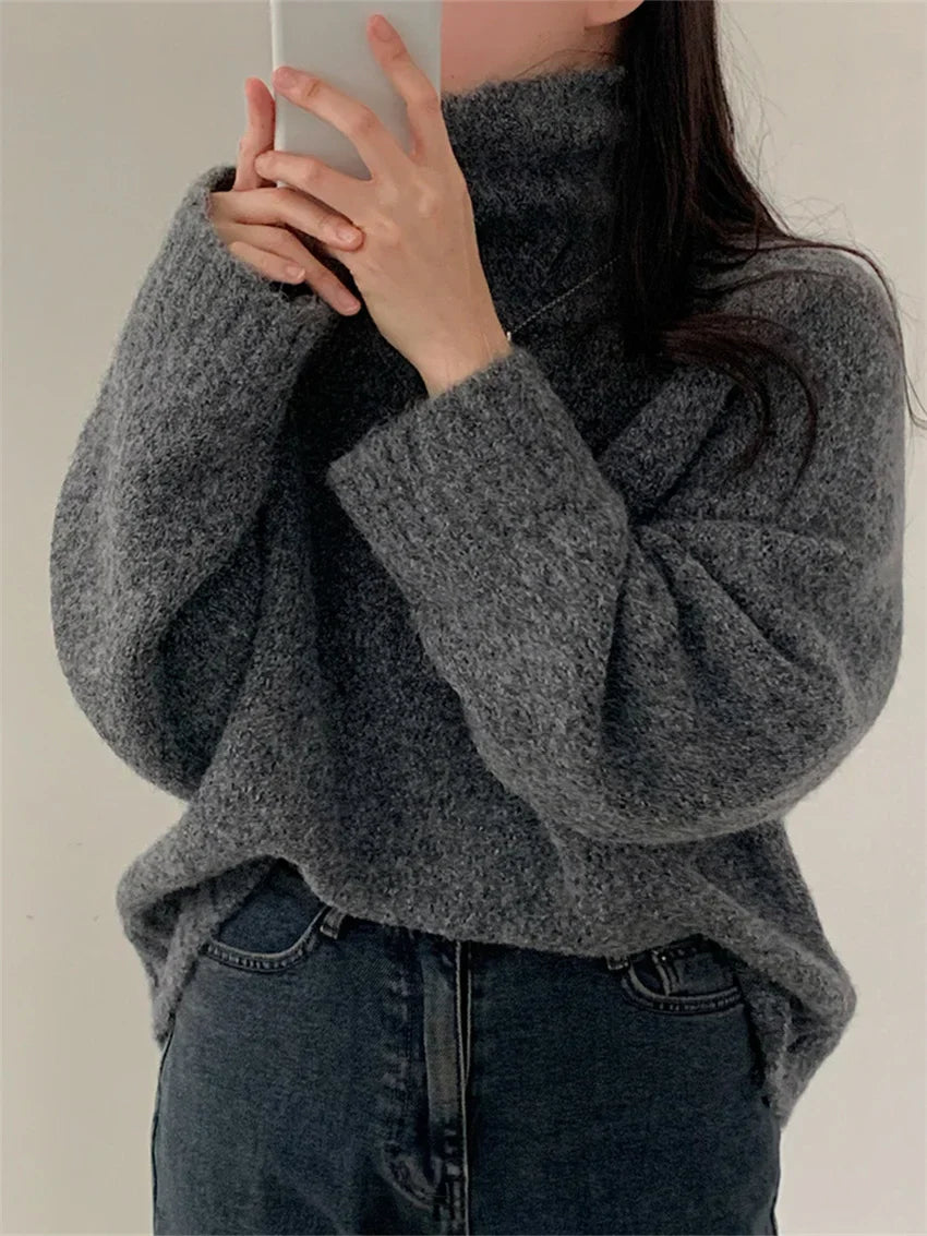 maoxiangshop - Elegant Sweaters Soft Loose Women Chic Knitted Winter 2025 Casual All Match Pullovers Warm Daily Turtleneck