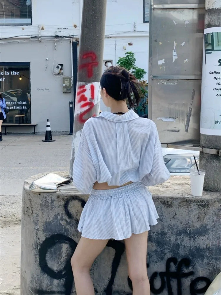 maoxiangshop - Blue Striped Set For Women'S Spring And Autumn Simple High Waisted Shirt Paired With A-Line Umbrella Skirt Two-Piece Set