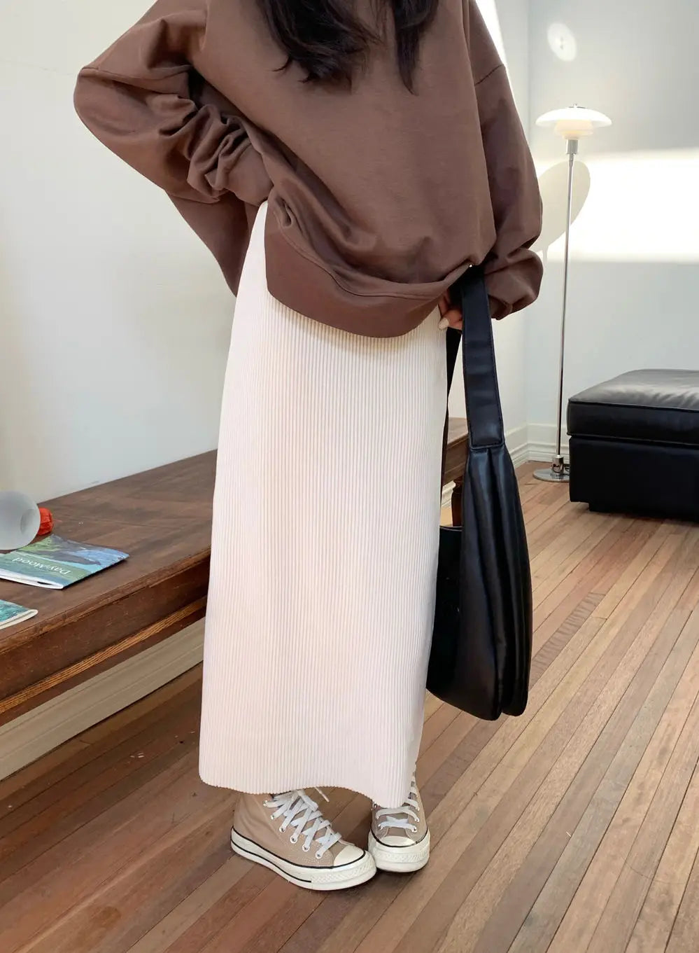 maoxiangshop Corduroy Midi Skirts Women Casual Solid Elegant Harajuku Lovely Females College Warm A-line Elastic High Waist Korean Fashion