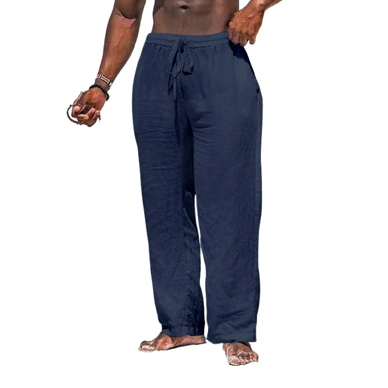 maoxiangshop Summer Cotton Pants Casual Long Fitness Breathable Pants Linen Lightweight Drawstring Yoga Beach Trousers Solid Color Mens Pants