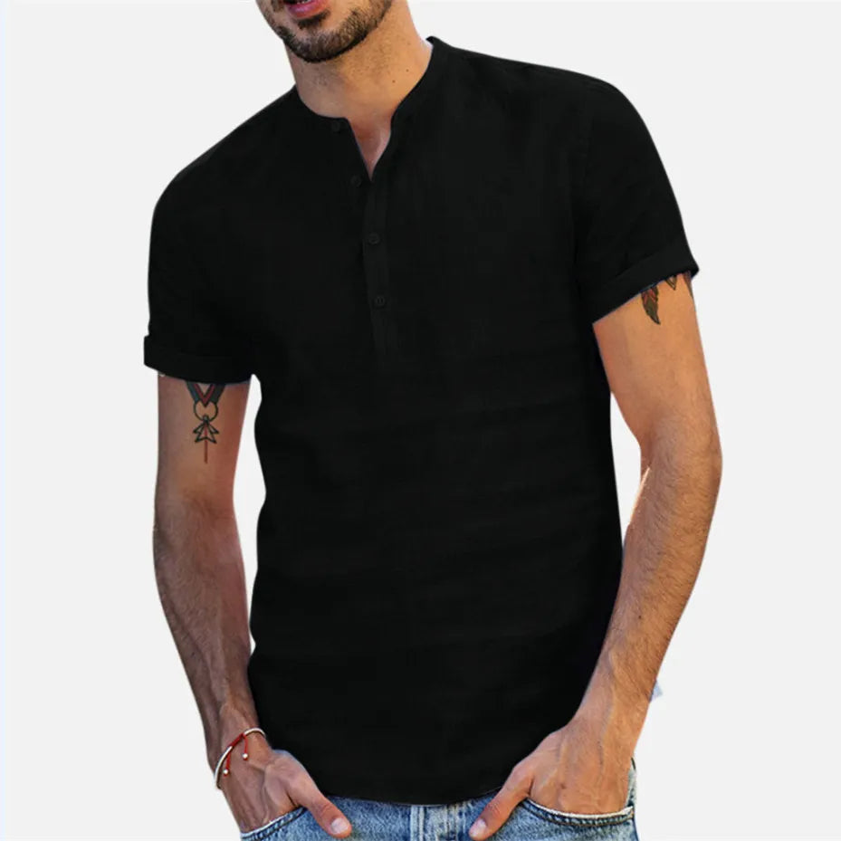 maoxiangshop 2024 New Men's Standing Collar Cotton Linen Short Sleeved Shirt Men's Designer Clothes Popular Tops for Men