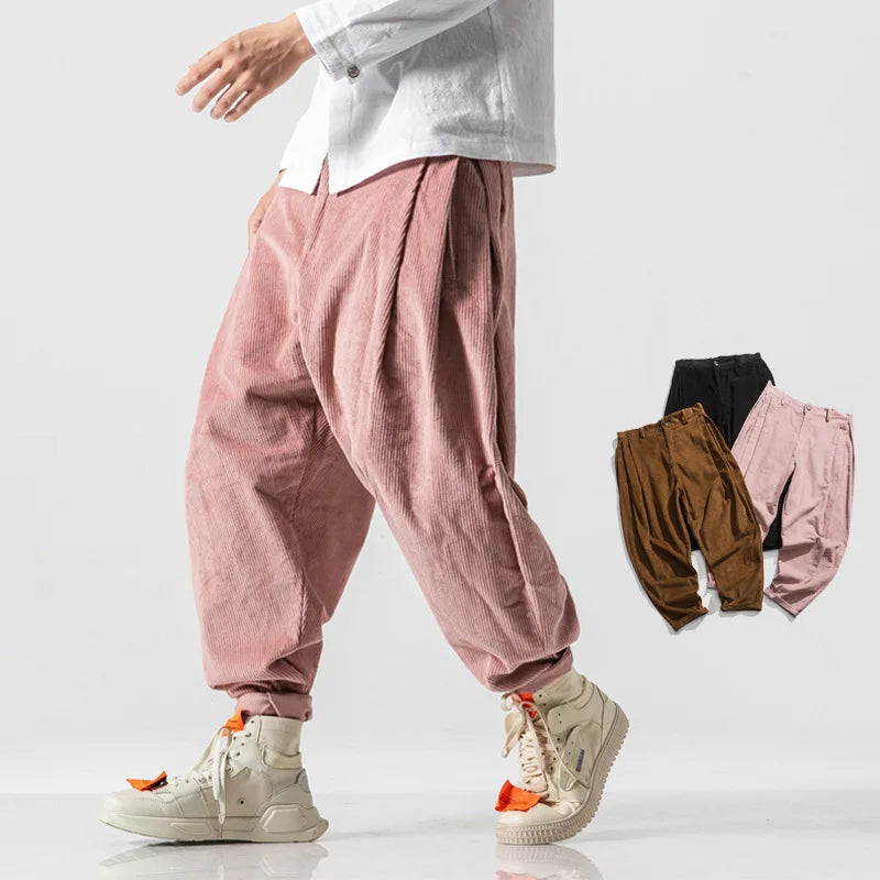 maoxiangshop Vintage Corduroy Pants Men Harajuku Japanese Pink Retro Streetwear Black Trousers Male Oversize Men's Casual Loose 5XL