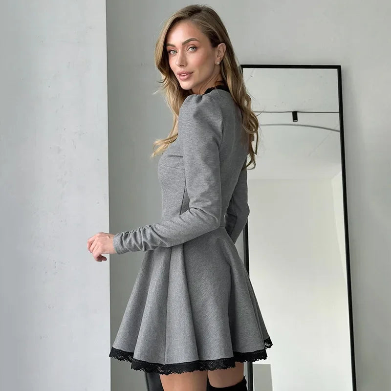 maoxiangshop - Lace Splice Elegant Mini Dress Female Autumn Winter New Contrast Color Office Woman Dress Long Sleeve High Waist Clothes
