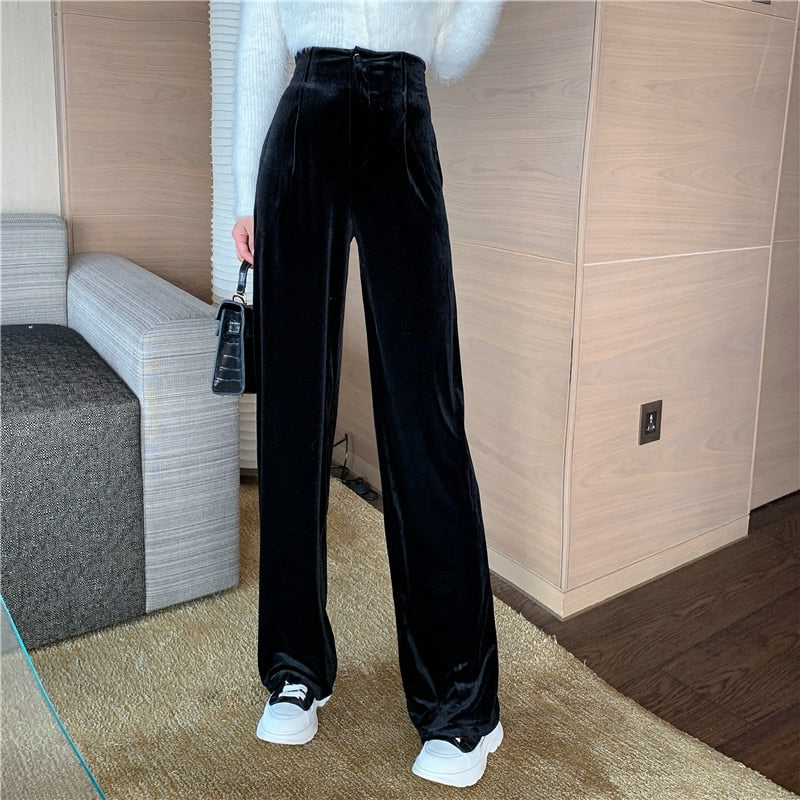 maoxiangshop Winter Velvet Elegant Pants Women Solid Casual Korean Style Wide-legged Pants Loose Casual Designer High-waist Trousers New