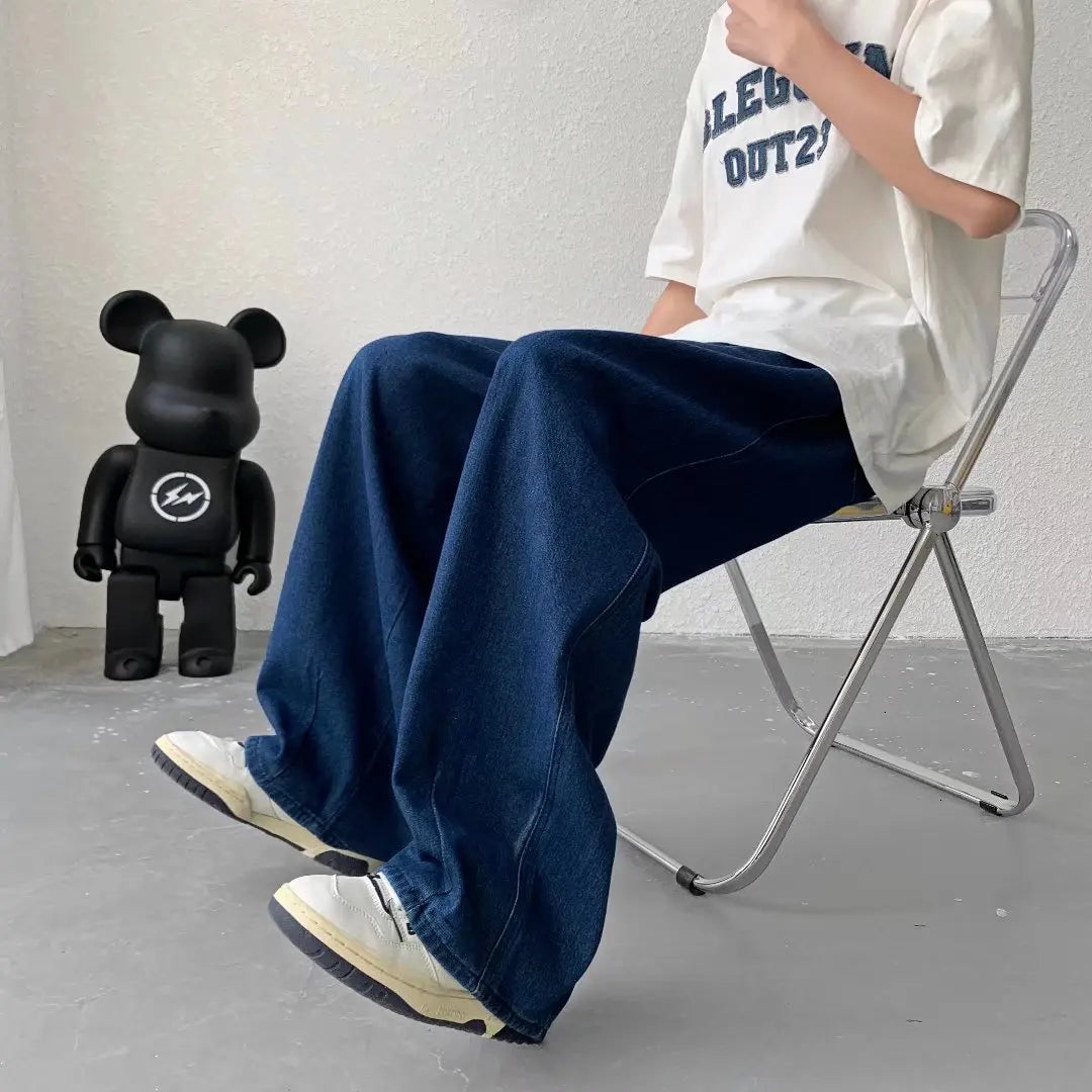 maoxiangshop Men's Pure Color Cargo Jeans Simple All-match Wide Leg Pants Trousers Men Hip Hop Streetwear Oversized 90s Vintage Fashion Denim