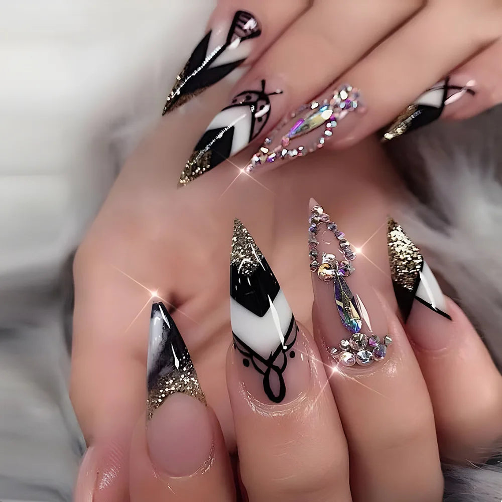 maoxiangshop 24Pcs False Nails With Glue Almond Pink Butterfly Design Detachable Rhinestones Acrylic Fake Nails long stiletto Press On Nails