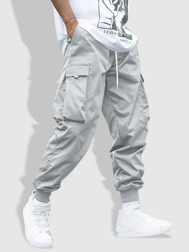 maoxiangshop Men's Cargo Pant Solid Mid-waist Elastic Tooling Trousers Techwear Sweatpants with Flap Pocket Drawstring Beam Feet Pants