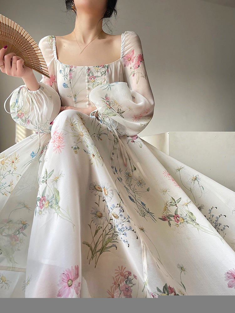 maoxiangshop French Elegant Floral Midi Dress Chiffon Long Sleeve Evening Party Dress Woman Beach Fairy One Piece Dress Korean Summer