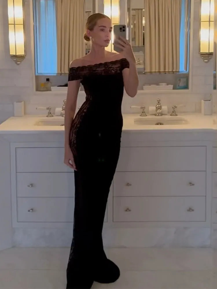 maoxiangshop - Fashion Solid Off Shoulder Lace Maxi Dress Ladies Elegant Sleeveless Slim Fit Dresses Women Winter Banquet Clubwear Vestidos