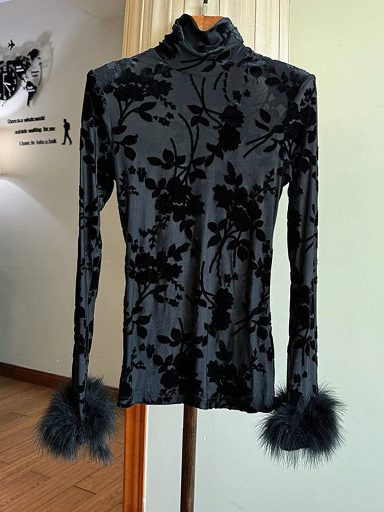 maoxiangshop - Long Sleeve T-Shirt Women High Neck Print Velvet Slim 2024 Winter New Basic Pullover Fashion T Shirts
