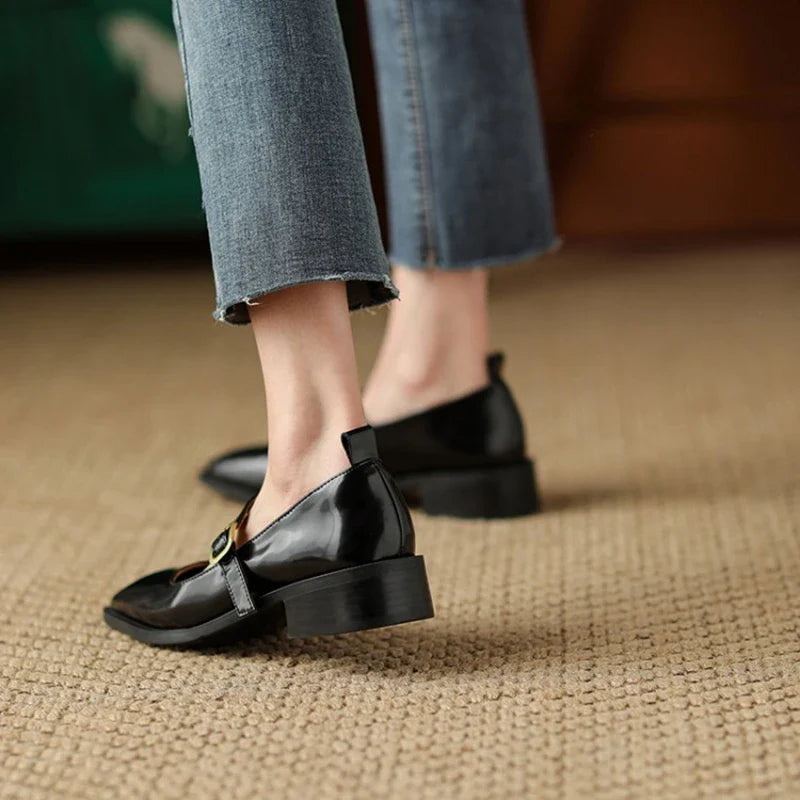 maoxiangshop - Spring/Autumn Women Shoes Square Toe Chunky Heel Shoes Patent Leather Mary Janes Low Heel Solid Pumps Women Concise Black Shoes