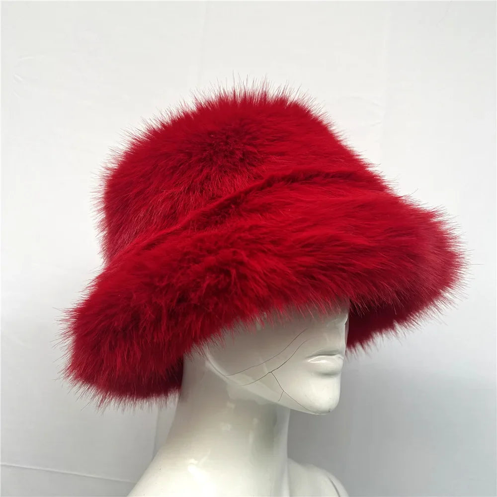maoxiangshop - Luxury Ins Hot Y2k Girls Faux Fox Fur Bucket Hat Women Winter Warm Rabbit Fur Plush Fisherman Hat Cap Festival Party Ski Panama
