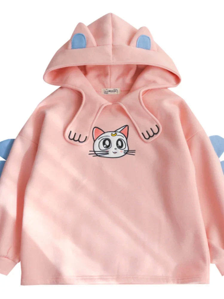 maoxiangshop Women's Hoodies Sweatshirt With Ears On Hood Cat Embroidery Cute Harajuku Fleece Hoodie Hooded Clothes Pullovers
