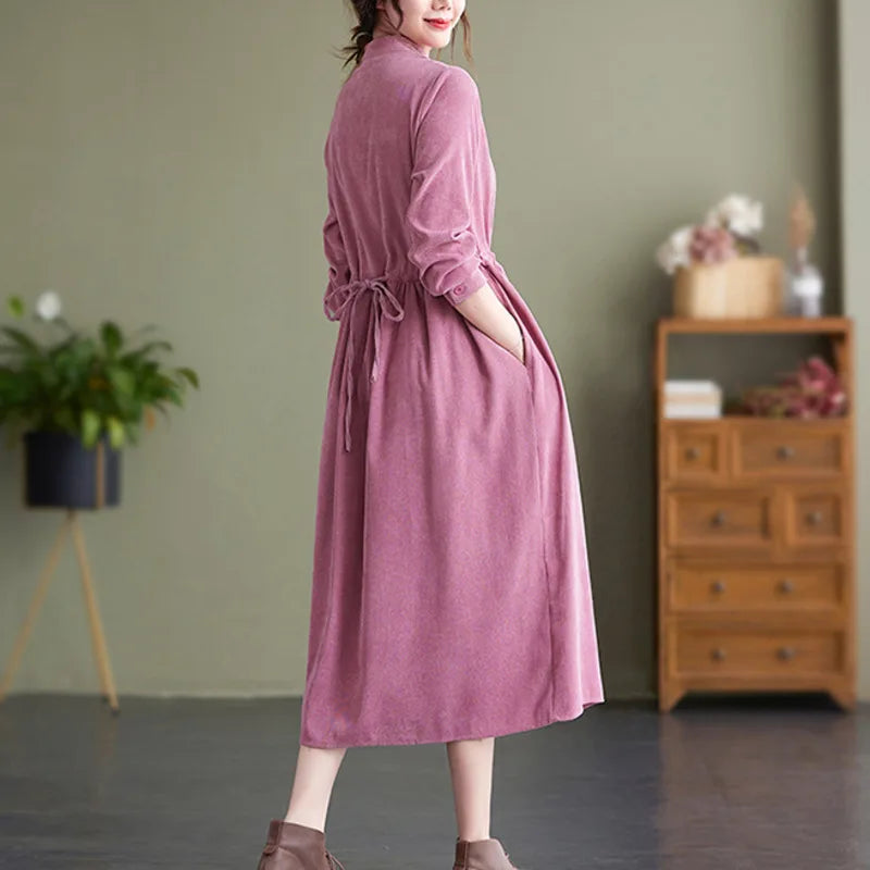 maoxiangshop Vintage Corduroy Dress Stand Collar Buttons High Waisted Midi Dress Long Sleeve Retro A Line Dress Women Pockets Autumn