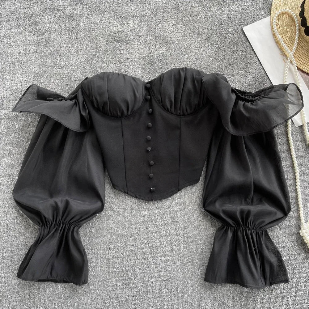 maoxiangshop Summer Off Shoulder Tops Women Long Sleeves Solid Zipper Elastic Waist Tops Spring Fashion Ruffle Short Sexy Shirts
