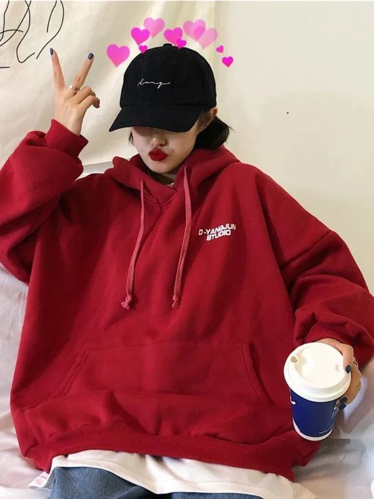 Korean Fashion Oversized Hoodies Women Harajuku Hip Hop Solid Loose Sweatshirts Autumn Winter Fleece Tops Gothic Grunge