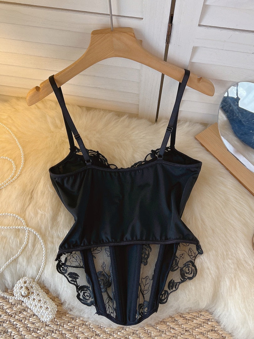 maoxiangshop Sexy See Through Mesh Bustier Top Women Fashion Summer Black Camis Floral Embroidery Fishbone Skinny Club Party Crop Tops