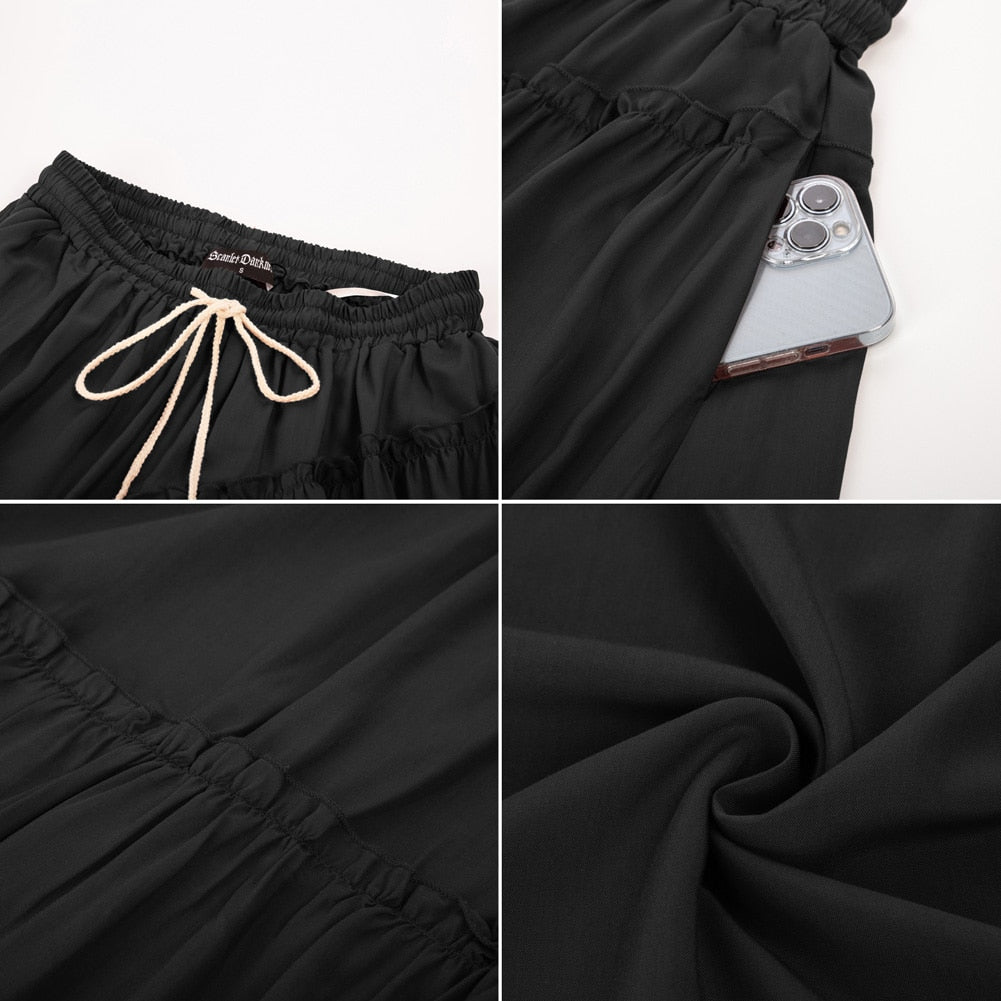maoxiangshop Women Skirts Vintage Renaissance Tiered Swing Skirt Solid Casual Adjustable Drawstring Waist Maxi Skirt Large Hem Skirt