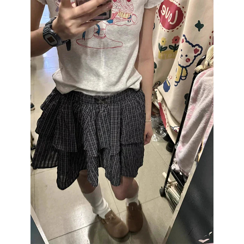 Vintage Plaid Mini Skirt Women Preppy Kawaii Ruffles Ball Gown Skirts Summer Japanese Harajuku High Waist A Line Skirt New