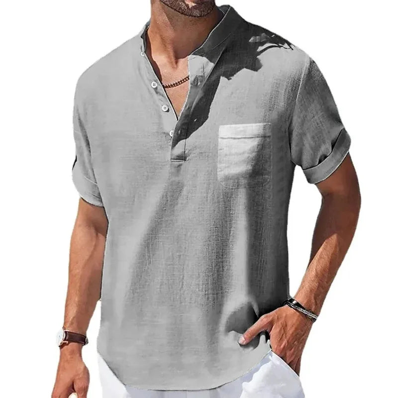 maoxiangshop New Men's Short Sleeve Breathable T-shirts Summer Solid Color Basic Pocket Shirts for Men Oversized Half Button Linen Streetwear