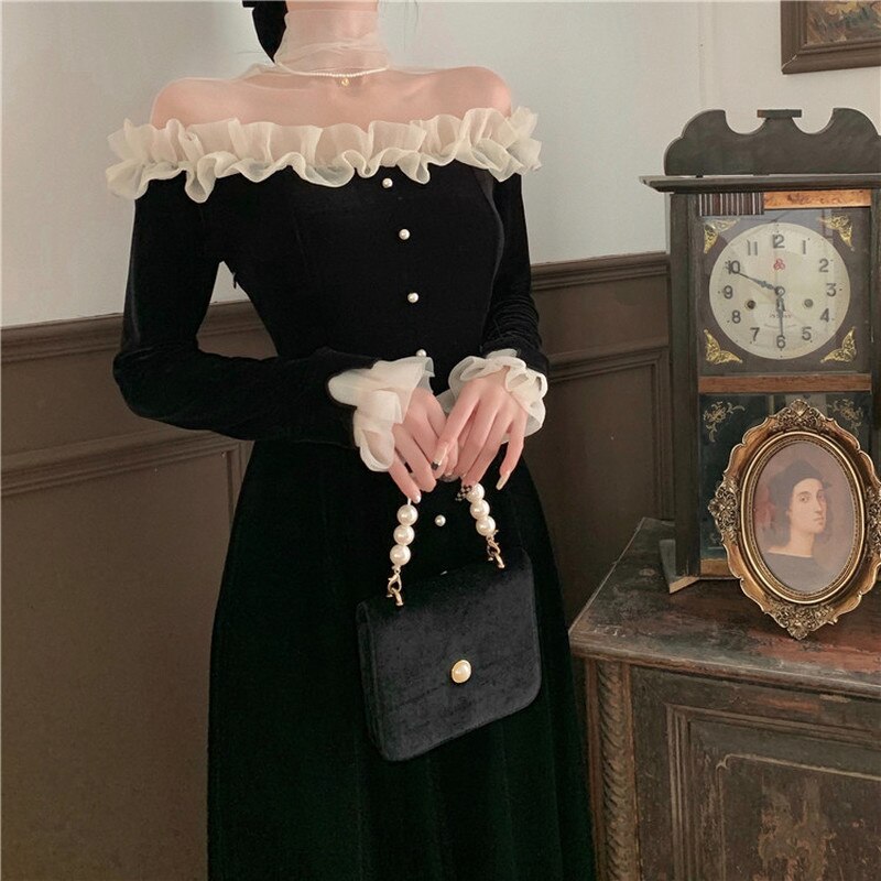 maoxiangshop Winter Velvet France Vintage Dress Women Korean Elegant Evening Party Midi Dress Ladies Long Slevee Retro Chic Dress Autumn