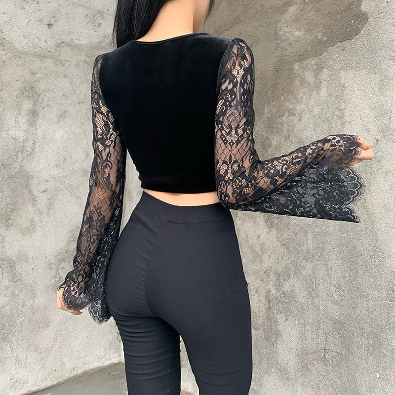 maoxiangshop 90s Vintage Velvet Black Crop Top Elegant Lady Lace Flare Sleeve V Neck T-shirt Harajuku Grunge Retro Tees Women Gothic Clothes