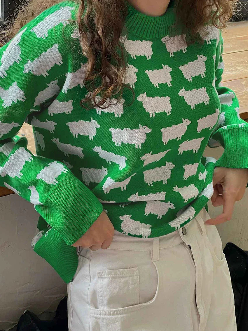 maoxiangshop - Elegant Women Sheep Printing Sweater Warm Knitted Classic O-Neck Pullover Tops Autumn Winter 2024 Streetwear Sweater