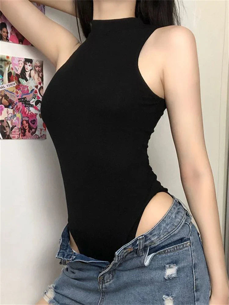 maoxiangshop Harajuku Solid Jumpsuit Women Sleeveless Bodycon Sexy Black Body Tops Fashion Streetwear Vintage Y2k Gothic Bodysuits Clothing