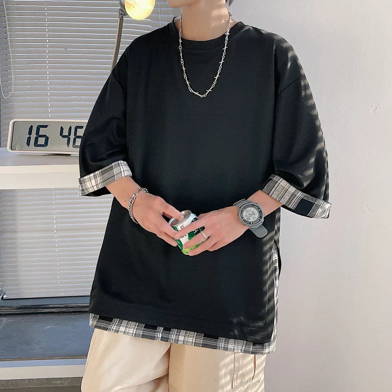 maoxiangshop T-shirts Men Design Casual All-match Patchwork Couple Clothing Teens Streetwear Fashion Ulzzang Summer Baggy Dynamic O-neck Cozy