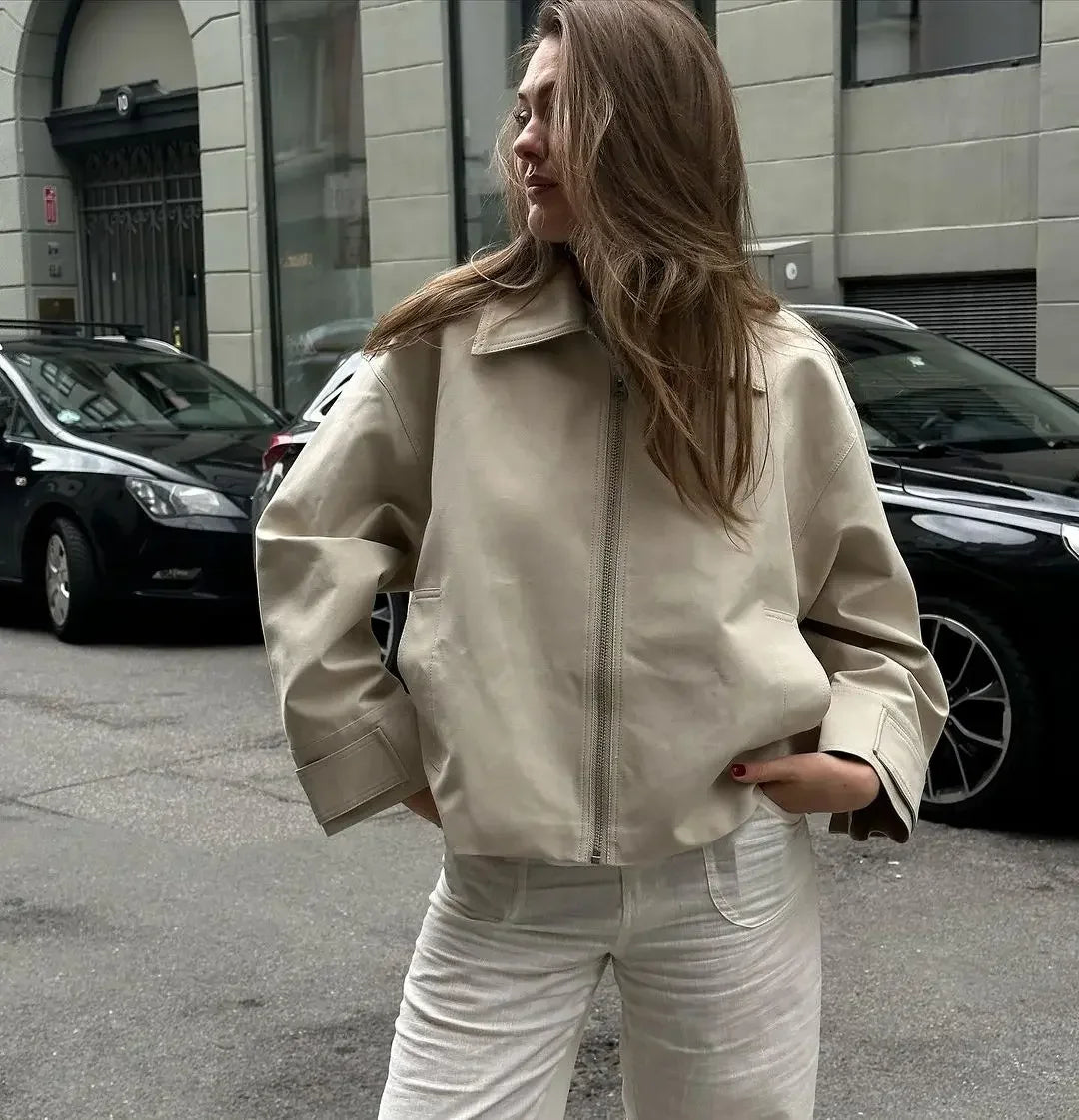 maoxiangshop - Autumn Fashion Leather Laple Zipper Jacket Women Elegant Long Sleeve Pocket Warm Loose Solid Coats 2024 Lady High Street Jackets