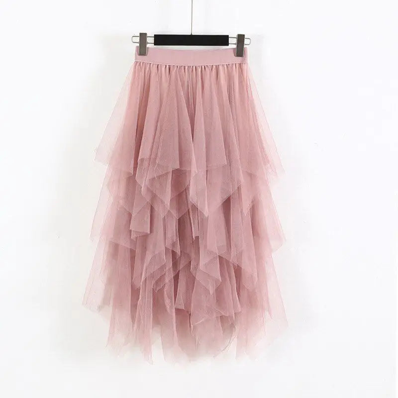 maoxiangshop Women High Waist Ruffles Mesh Long Tulle Skirt Irregular Hem Mesh Tutu Skirt Lady Elegant Solid Party Gown Skirt