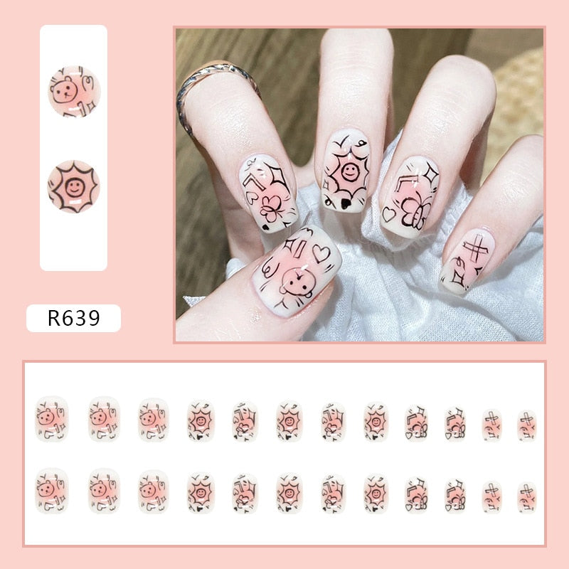 24pcs/box Fake Nails Press on Short Reusable with Designs Set French Artificial Pink kawaii False Tipsy Stick-on Nails Tips Art