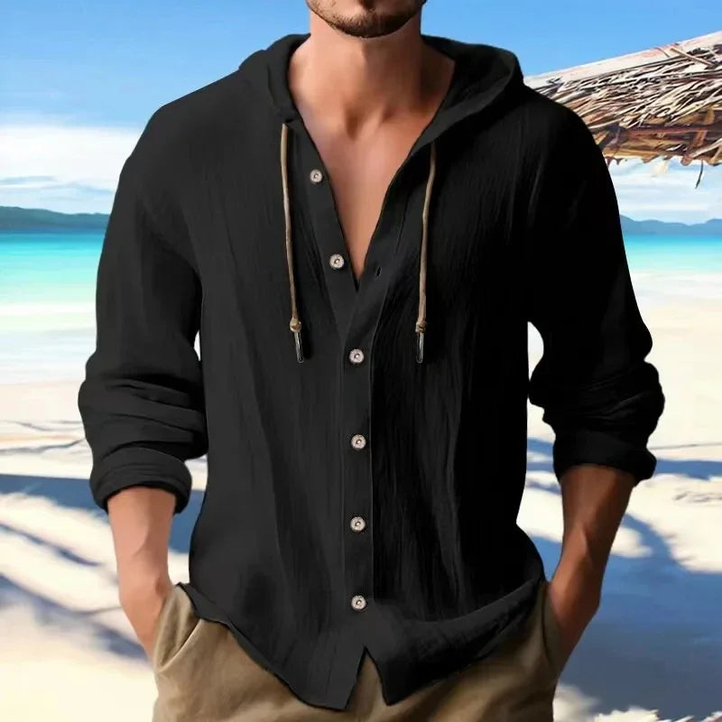 maoxiangshop Summer Men's Linen Shirt Solid Streetwear Long Sleeve Hoodie Cardigan Clothing For Men Button Tops Casual Loose Men Hooded Shirt