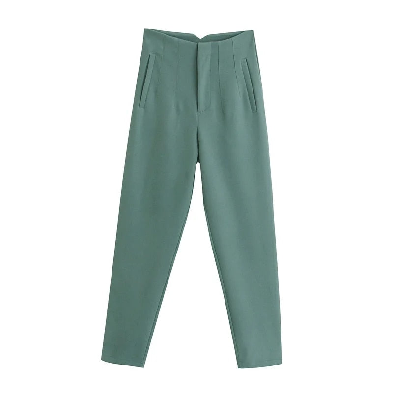 maoxiangshopWomen Light Blue Chic Fashion Office Wear Straight Pants Vintage High Waist Zipper Fly Female Trousers Fashion