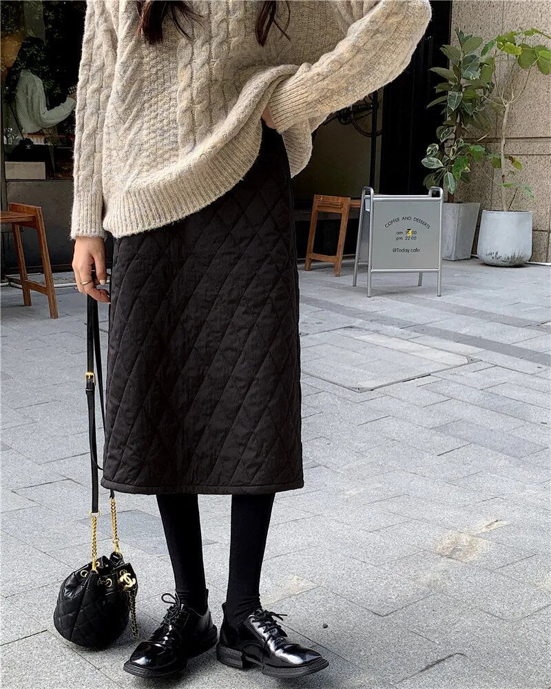 maoxiangshop Black Quilted Skirt Winter Women Pull-on Long Padded Skirt with Pocket Classic Warm Outfit