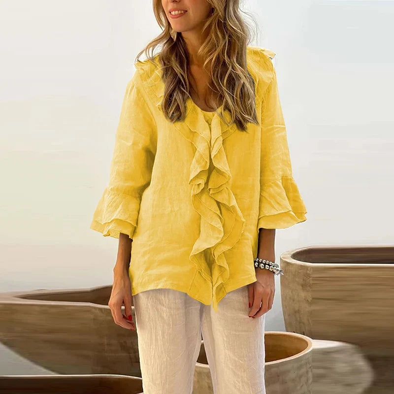 maoxiangshop - Autumn Casual Loose 3/4 Flying Sleeved Blouse Retro Solid Single Breasted Office Clothing Elegant V Neck Ruffles Women Pullover
