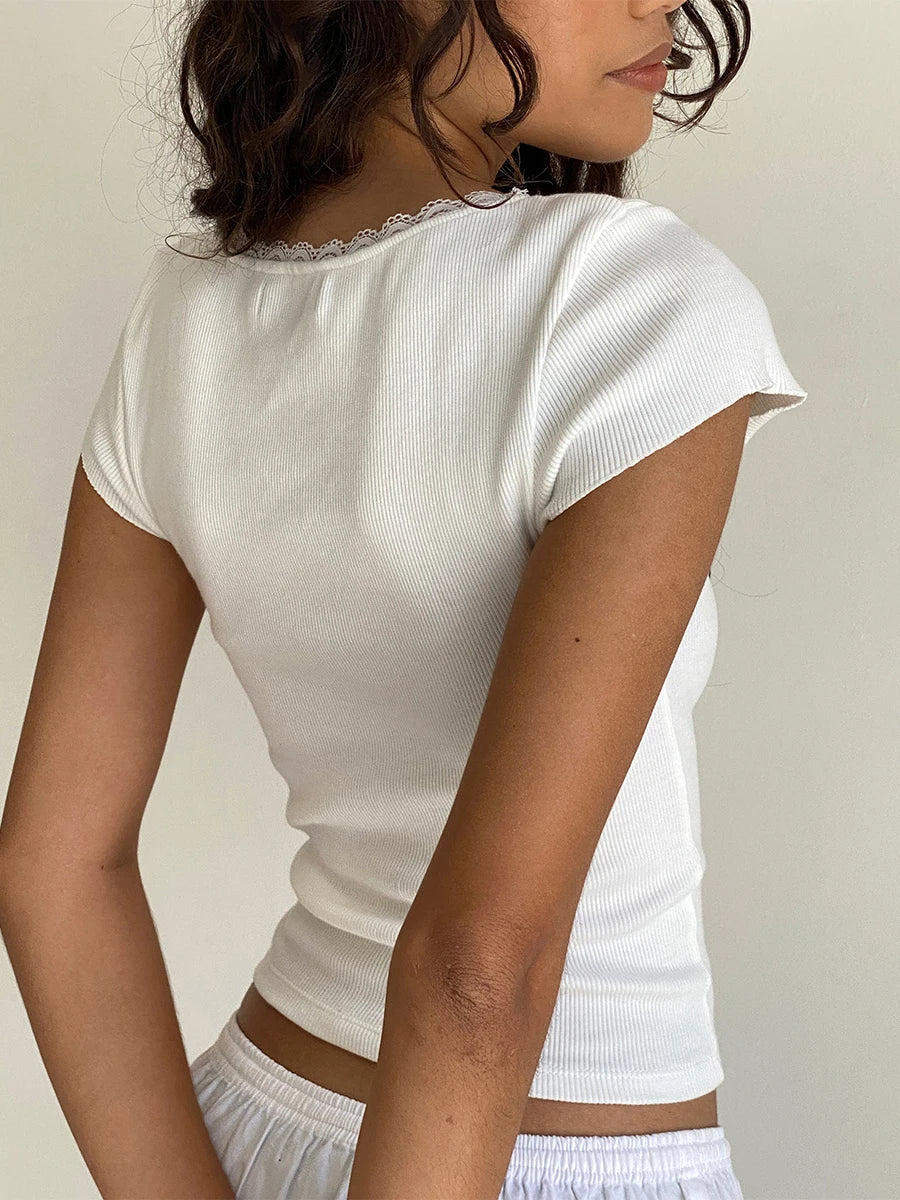 maoxiangshopY2k Vintage Baby Tee Cottage Lace Trim Knitted T-Shirt Summer Square Neck Short Sleeve Tee Shirt Women White Milkmaid Crop Top