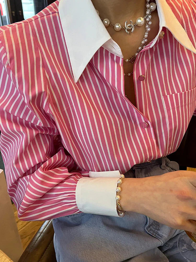 maoxiangshop-Jmprs Elegant Women Shirts Korean Striped Red Fashion Turn Down Collar Office Ladies Tops Long Sleeve Causal Female Blouse