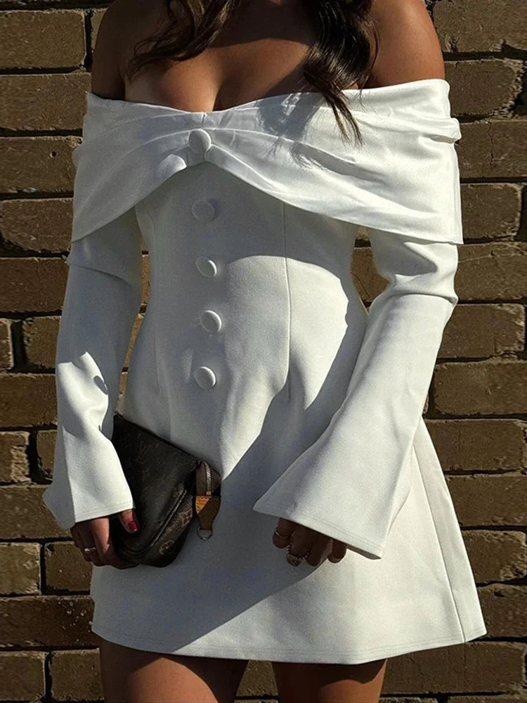 maoxiangshop - One-Shoulder Mini Dress For Women Elegant Strapless Gown Clothes Flare Long Sleeves Single Breasted Slim Dress Autumn New